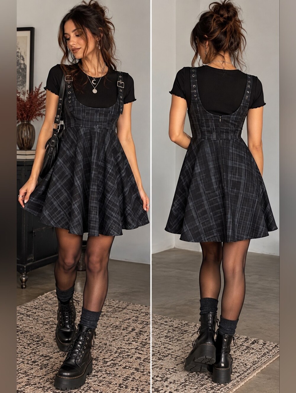 Midnight Hour NWT Plaid Pinafore Dress S/M Black Goth Grunge Punk Witchy Alt Y2K